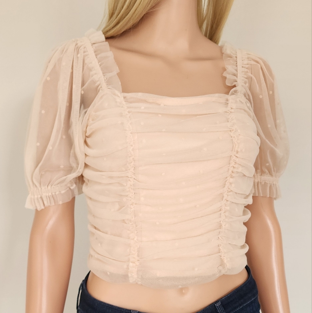 HM H&M SHEER SLEEVES SMOCKED BACK POLKA DOT TOP BLOUSE SMALL NWT